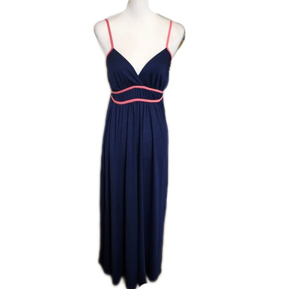 L8ter Navy Blue Maxi Dress W/ Hot Pink Detail, Spaghetti Straps, L - Picture 1 of 6